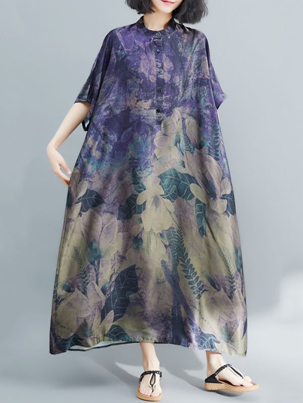 Vintage Loose Printed Stand Collar Batwing Sleeves Maxi Dress