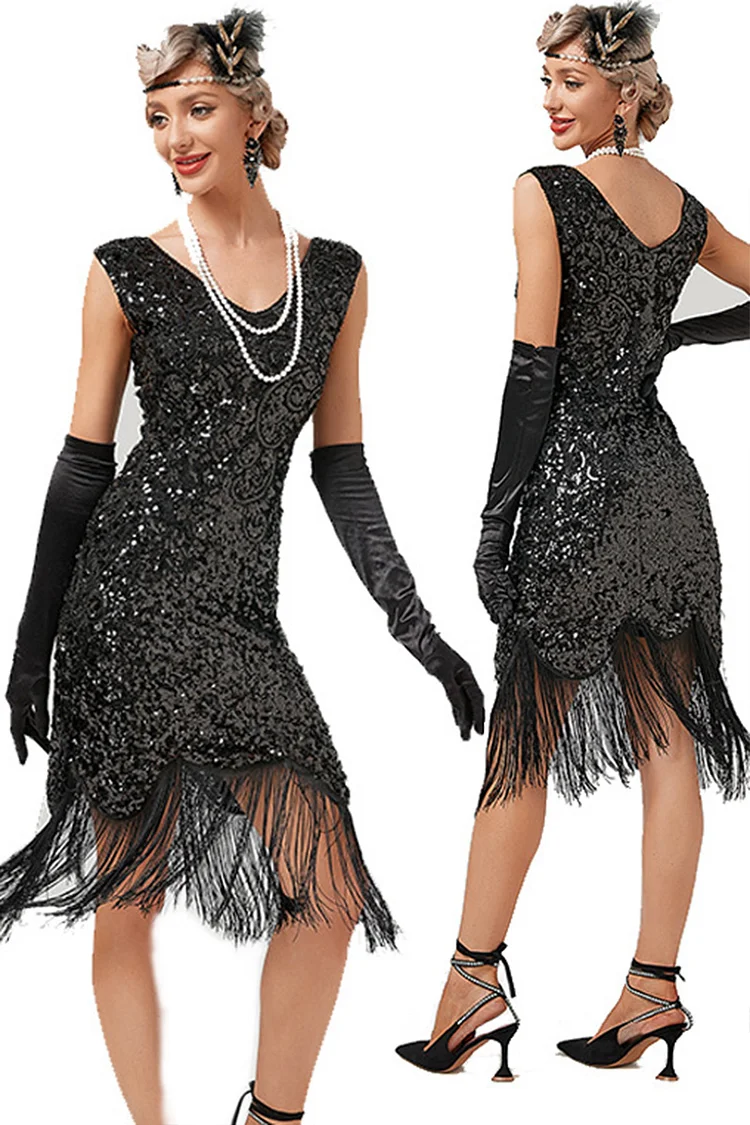 1920s Black Retro Cocktail Party Sequin Fringe Patchwork Sleeveless Midi Dress