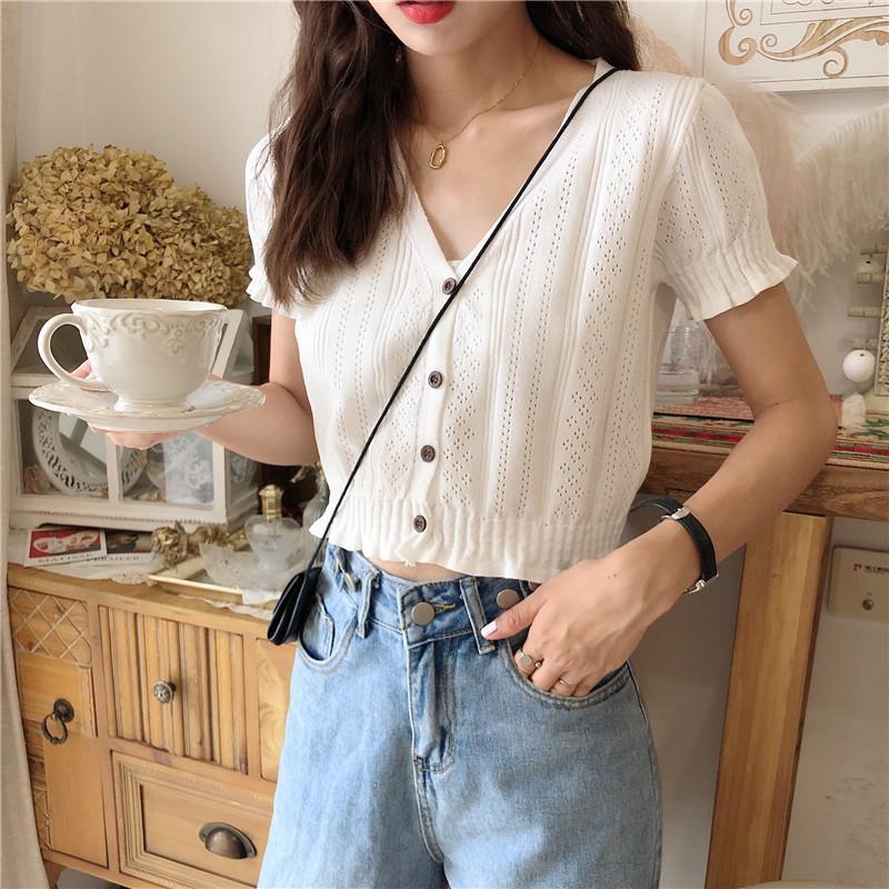 HOLLOW V-NECK KNIT TOP