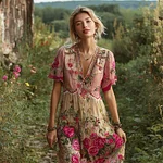 Vintage Boho Ethnic Floral Women's Linen V-neck Short Sleeve Maxi Dress - Image 2