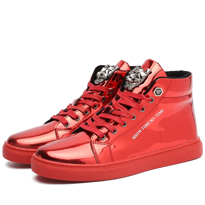 Qengg Red Luxury Men Casual Shoes Glitter High-top Sneakers Men Mirrors Sequins Spring Autumn Hip Hop Shoes Men Leisure Footwear