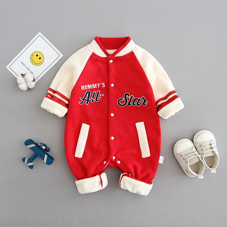 Baby Boy Letter Print Warm and Plush Baseball Romper