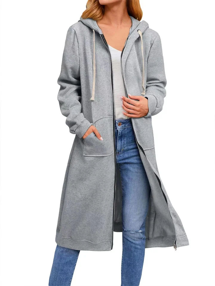 Autumn and Winter New Women's Loose Zipper Long Cardigan Jacket Solid Color Hooded Jacket S-3XL
