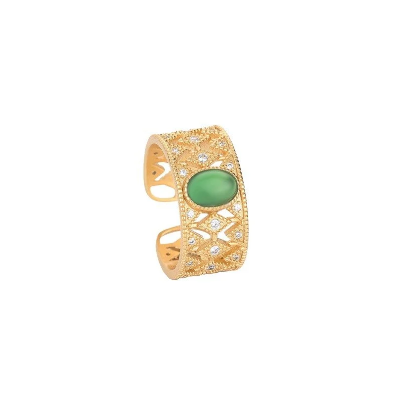 Vintage Palace-Style Jade Ring with Natural Emerald Jadeite, Traditional Gold-Plated Accessory, Adjustable Open Band Design