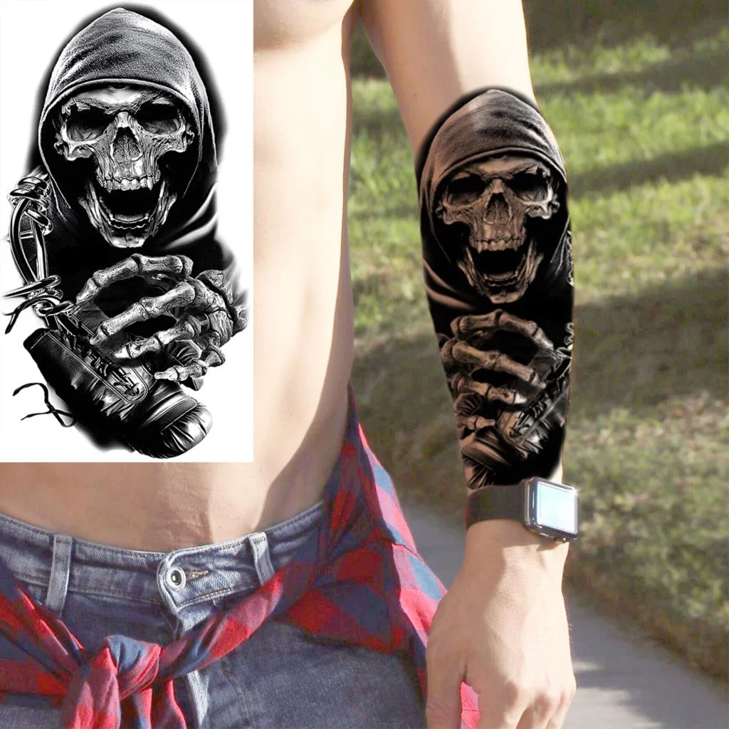 Sdrawing Realistic Black Devil Temporary Tattoos For Men Adult Tiger Pirate Skeleton Vampire Fake Tattoo Forearm Scary Tatoo Joker