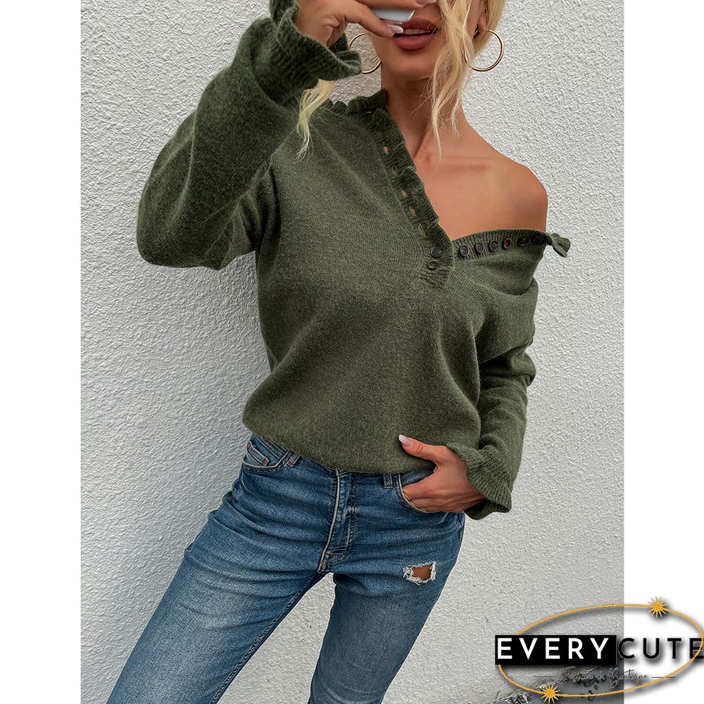 Green Ruffle Detail Crew Neck Long Sleeve Knitted Sweater