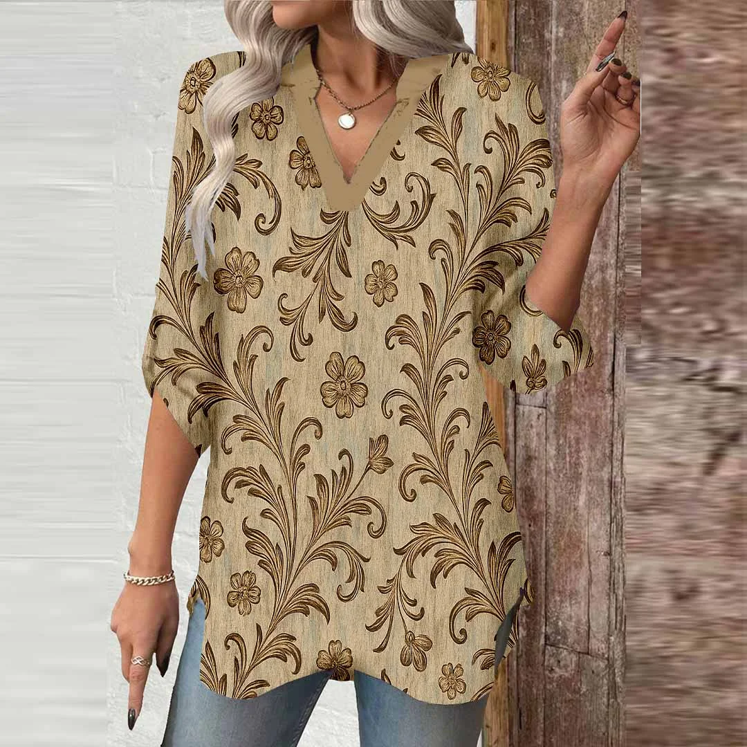Women Floral,Khaki DZGA0321 3/4 Sleeve V-neck Printed Graphic Button Tops