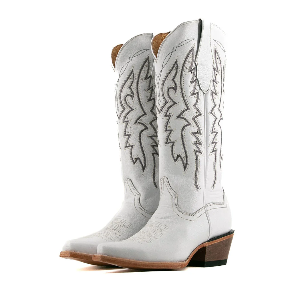 White Snip Toe Chunky Heel Embroidered Studded Mid-Calf Cowgirl Boots