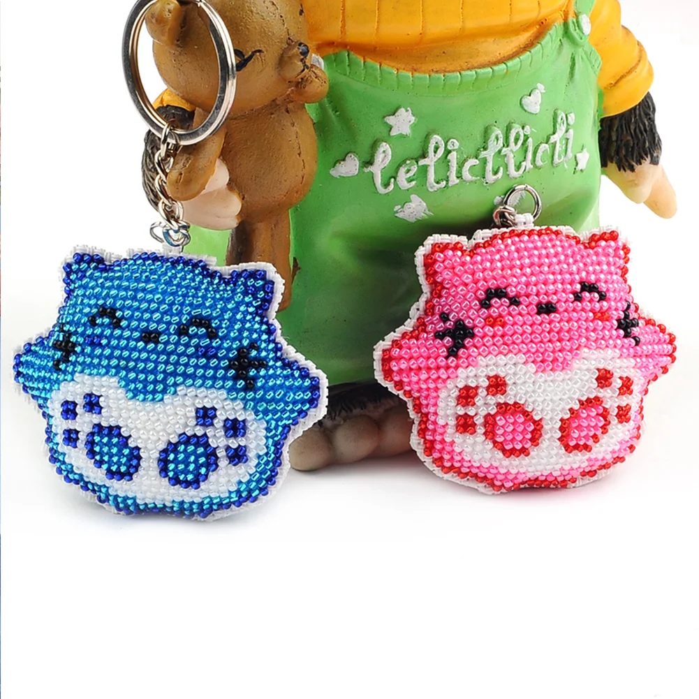 2Pcs Pink Blue Cat - Stamped Bead Embroidery - Keychain