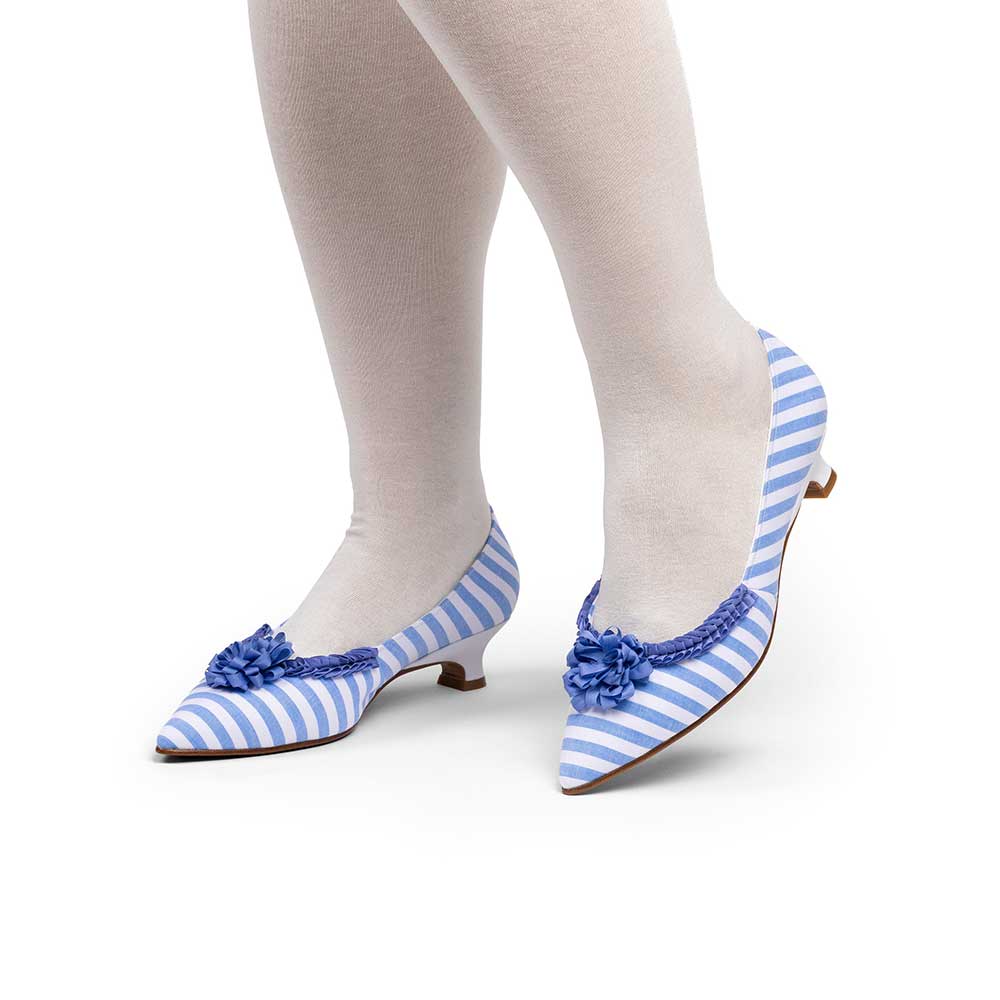 Blue & White Striped Pleated Trim Spool Heel Pumps Shoes with Flower Nicepairs