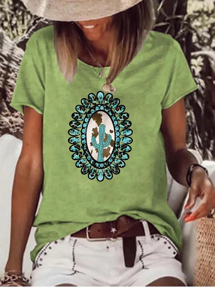 Turquoise cactus Retro Raw Hem Tee