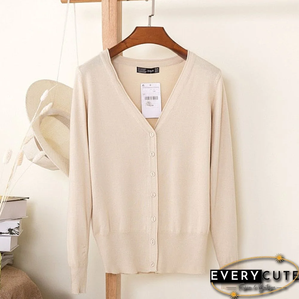 Casual Women Knitted Cardigan Sweater Autumn Winter Women Solid Color V-Neck Long Sleeve Plus Size Crochet Knit Sweater Coat