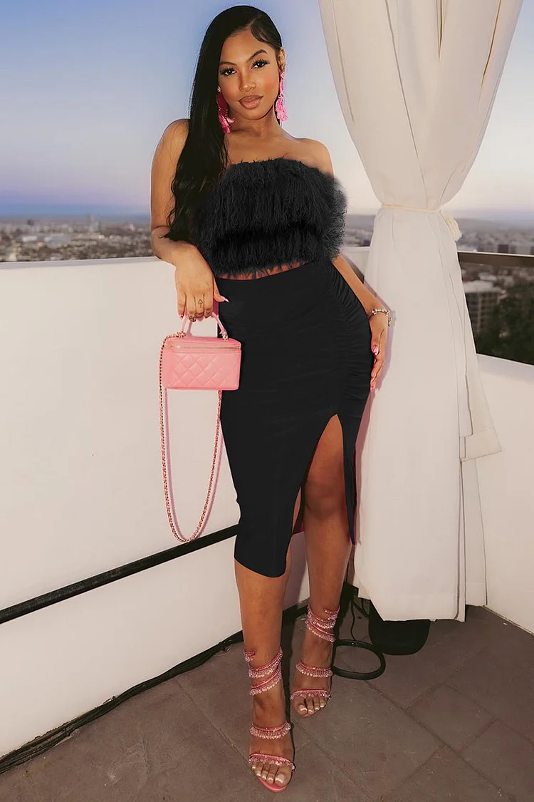 Feather Neck Tube Top Irregular Slit Hem Ruched Midi Skirt Bodycon Cocktail Party Matching Set
