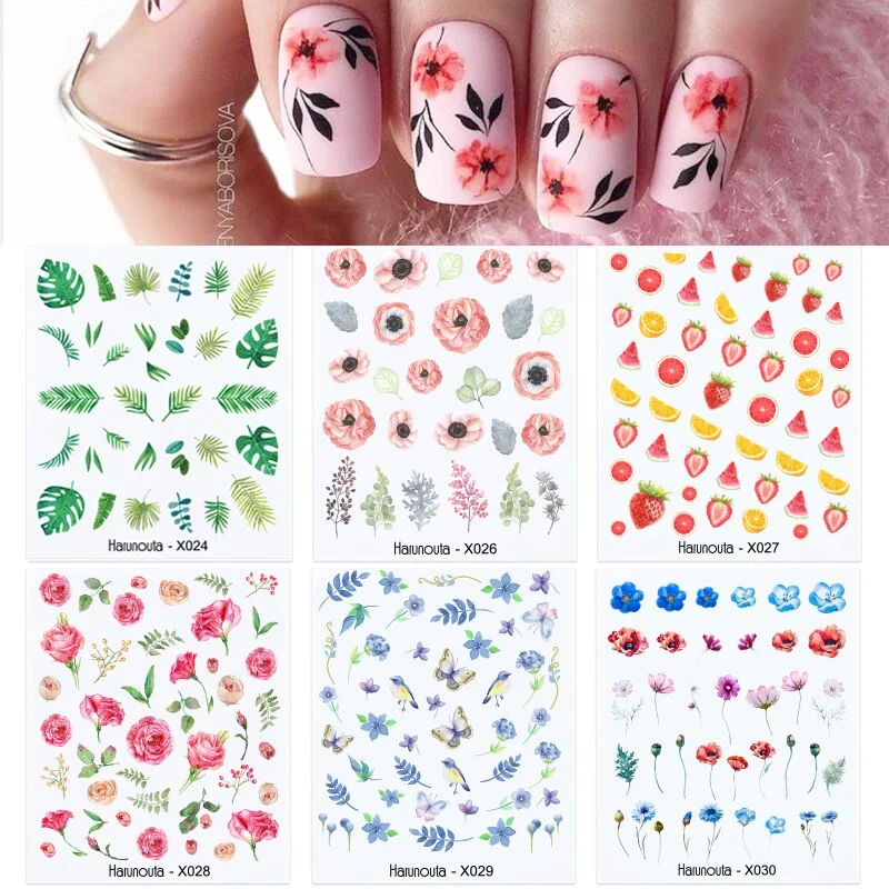 Harunouta 6Pcs Black Leaves Flower Water Decals Dandelion Geometrics Pattern Stickers Sliders For Nails DIY Decoration-Nail Inspo