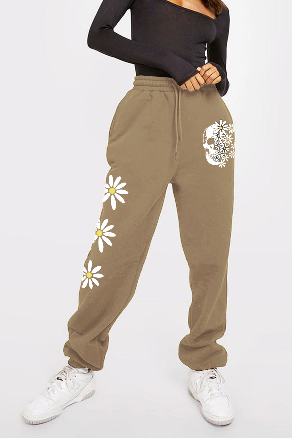 LLYGE Early Autumn New Simply Love Full Size Drawstring Flower & Skull Graphic Long Sweatpants llyge