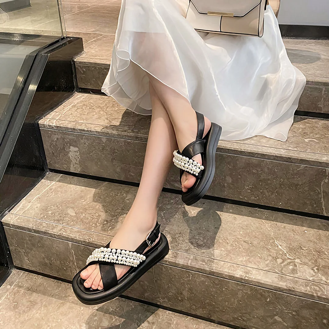 Letclo™ 2021 New Summer Casual Flat Roman French Small Fragrant Soft Thick-soled Pearl Sandals letclo Letclo
