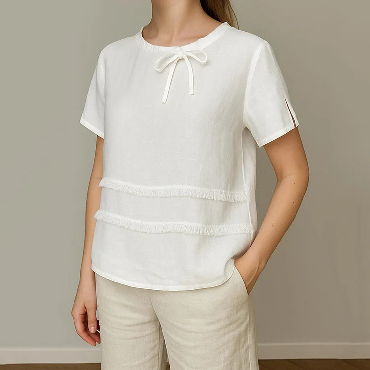 Simpfit Damen Bow Accessories Webbing Leinen T-Shirt
