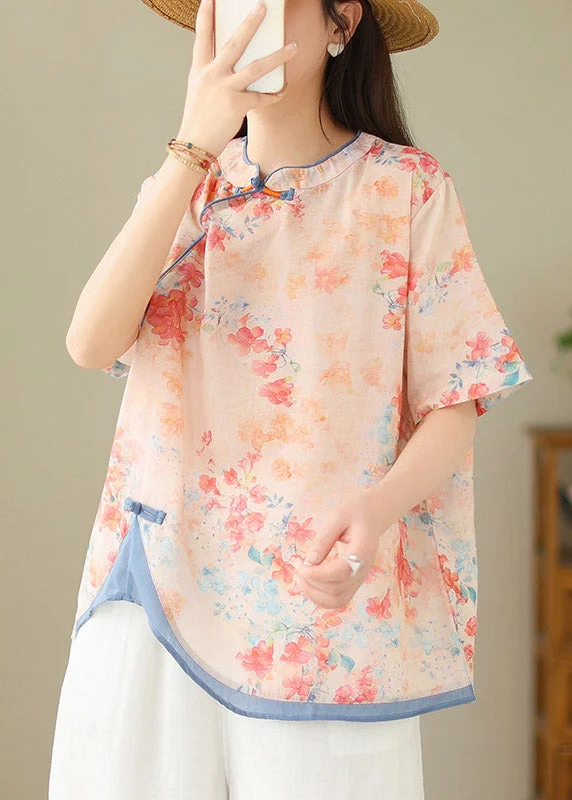 Chinese Style Orange Stand Collar Print Button Linen Shirts Short Sleeve