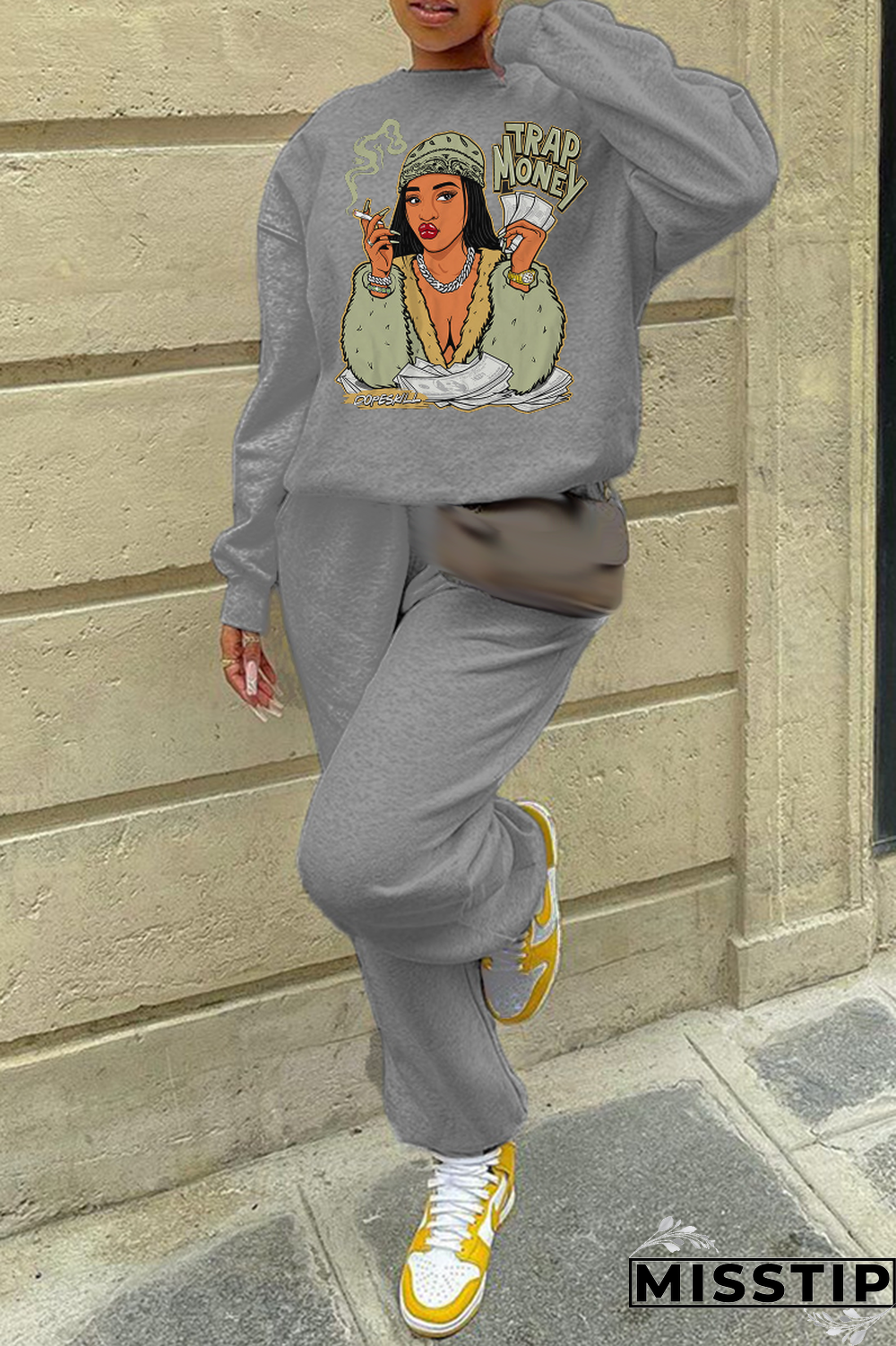 Grey Daily Print Patchwork O Neck Tops