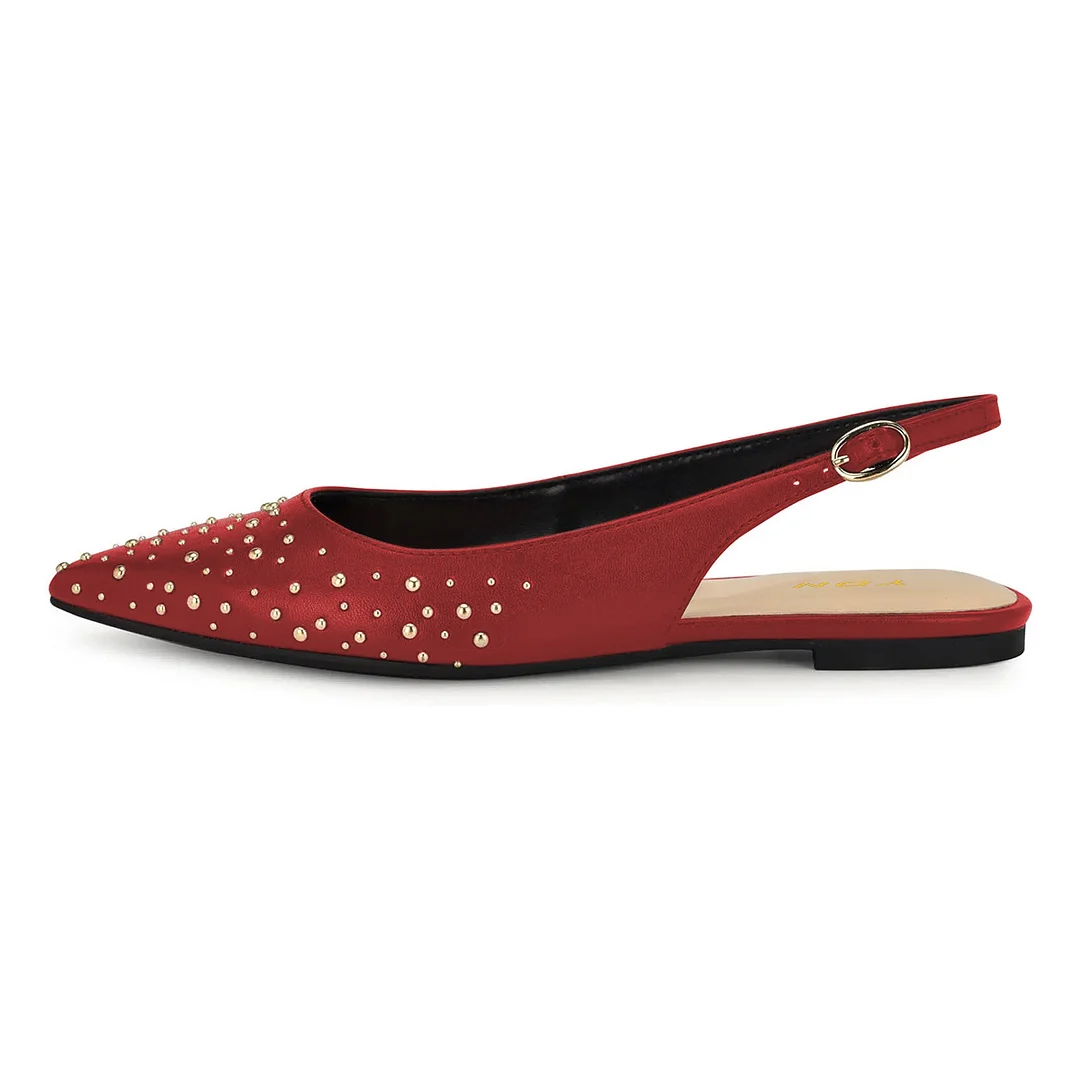 Chic Red Slingback Buckle Strap Pointed Toe Flats with Gold Studs
