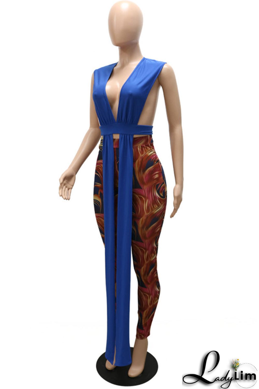 Rose Red Fashion Sexy Print Split Joint V Neck Sleeveless Two Pieces