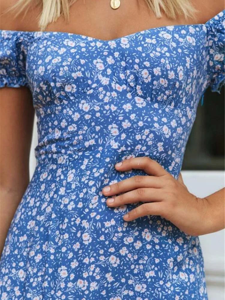 S~5XL Women Summer Dress Slash Neck Blue Floral Print Boho Beach Midi Dress Sexy Back Bandage A-Line Holiday Vestidos
