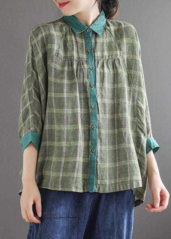 Green Plaid Patchwork Shirt Tops Three Quarter sleeve CK2021- Fabulory