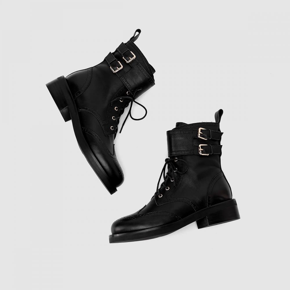 Lace Up Combat Boots With Buckle Women's Brogues Boots