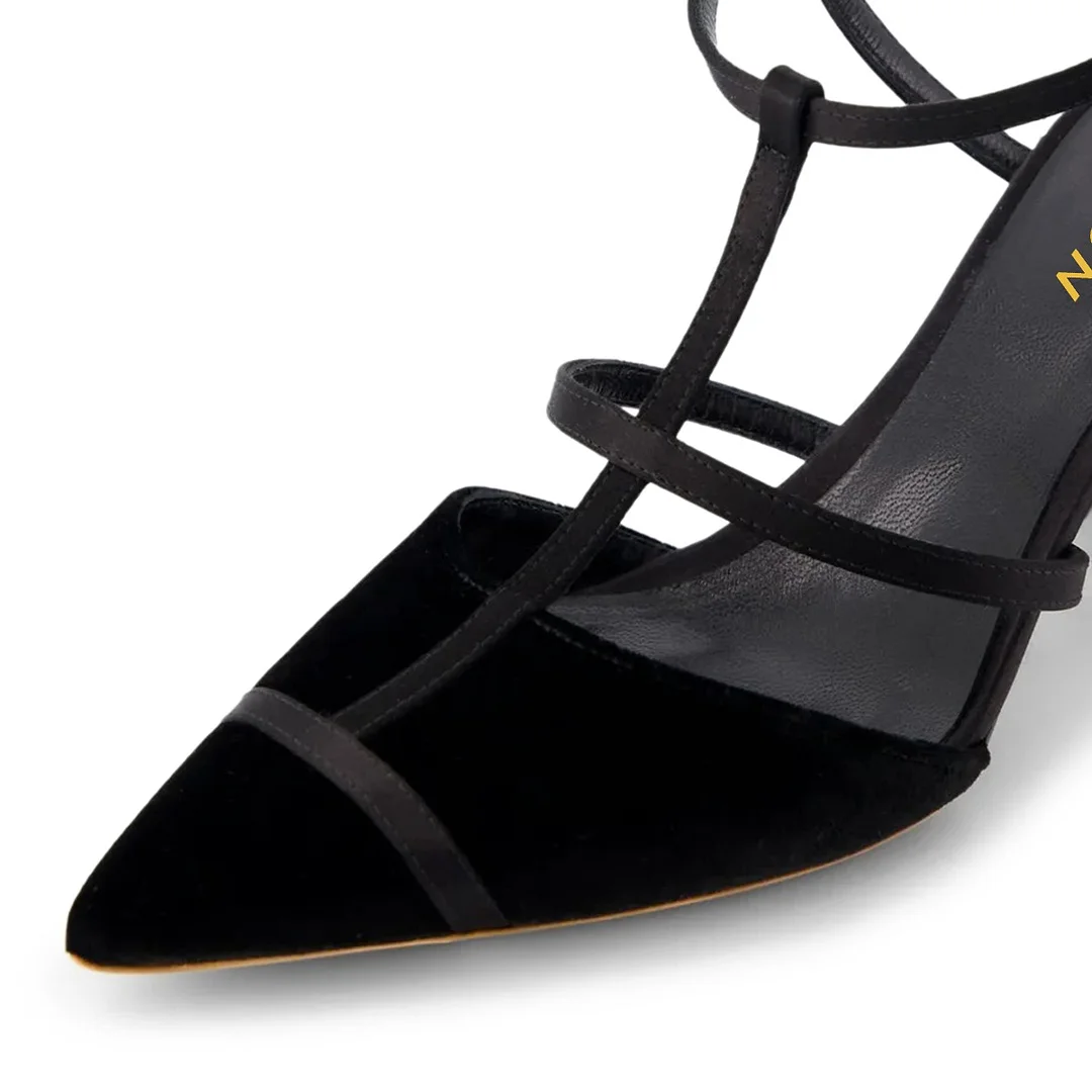 Black Pointed Toe Decorative Heel Rhinestone Ankle Strap Pumps Shoes