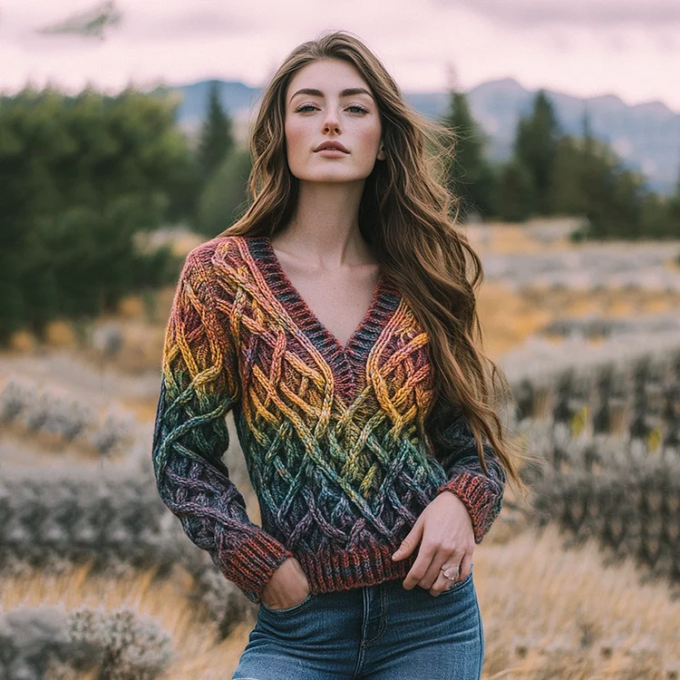 Vintage V-neck Knitted Rainbow Jacquard Irish Aran Sweater