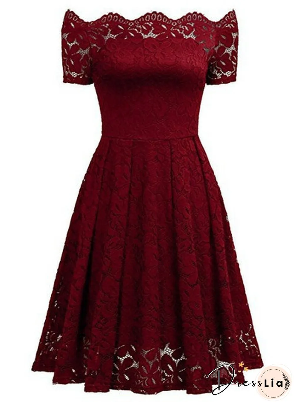 New Fashion Women Off Shoulder Slim Fit Lace Dress Elegant Strapless Short Sleeve Cutout