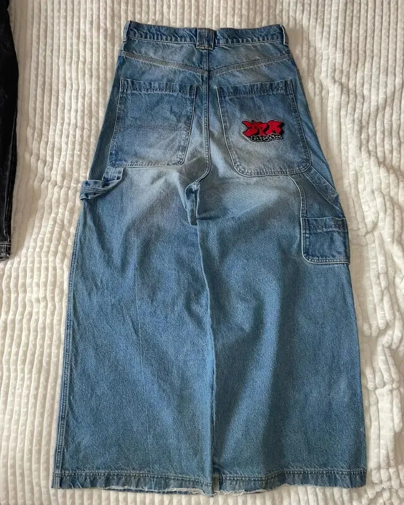 Aonga 90s Streetwear Street Vintage New Fashion Washed Blue Letter Embroidered Baggy Jeans Men Y2K Harajuku Style Hip Hop High Waist Casual Jeans aonga