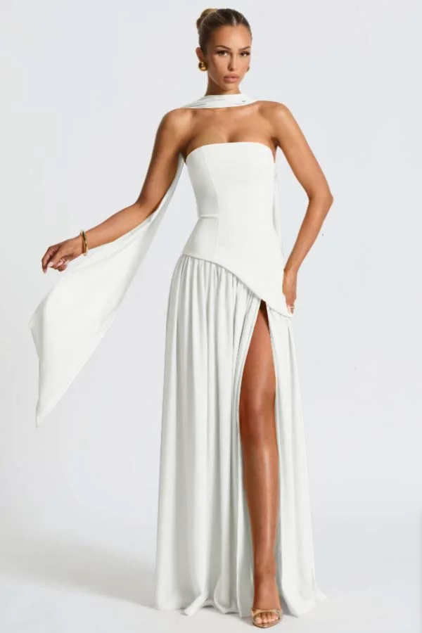Light Yellow Fashion Split Strapless Summer Prom Dress With Scarf ZT0800