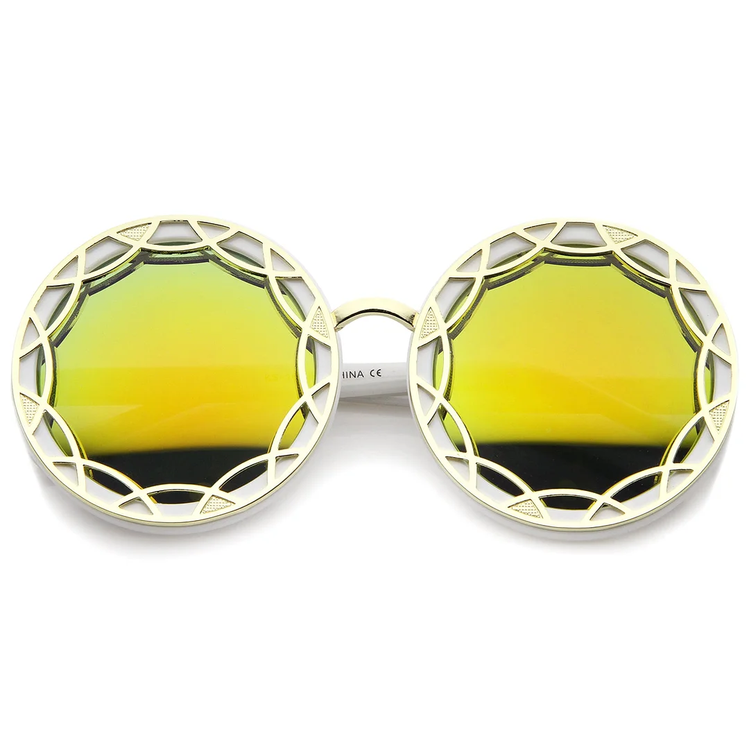 Women's Oversize Ornate Flat Pattern Color Mirror Lens Round glasses 55mm