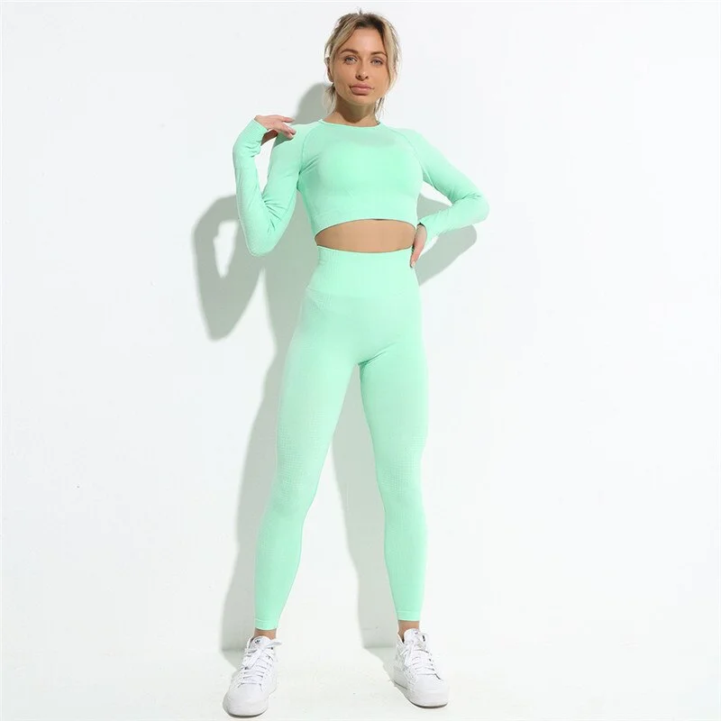 Yvlvol elasticity sportswear high waist running fitness 2pieces set tracksuit women knitting Ttops +pants women
