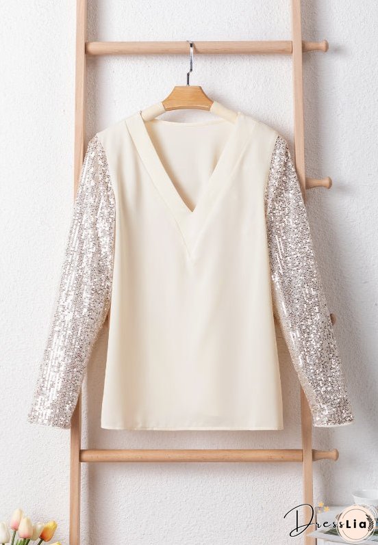 Sequin V-Neck Long Sleeve Blouse