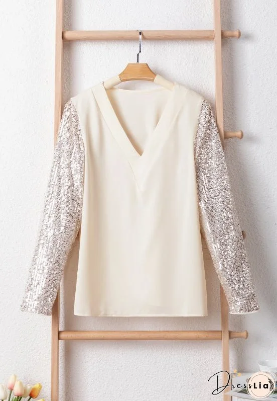 Sequin V-Neck Long Sleeve Blouse