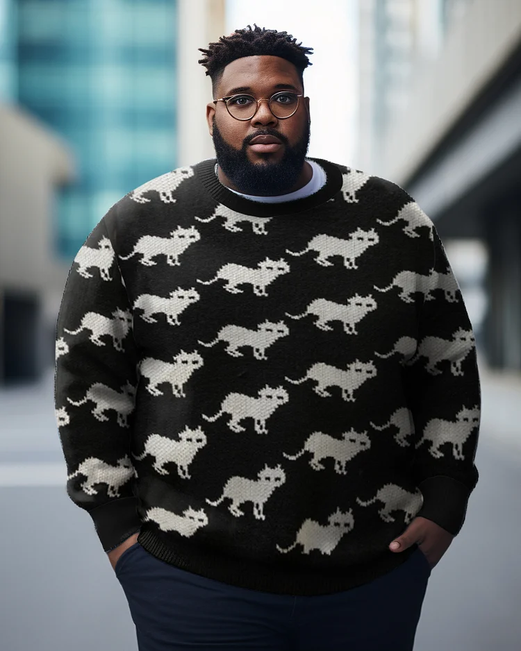 Men's Plus Size Casual Cat Warm Long Sleeve Crew Neck Sweater