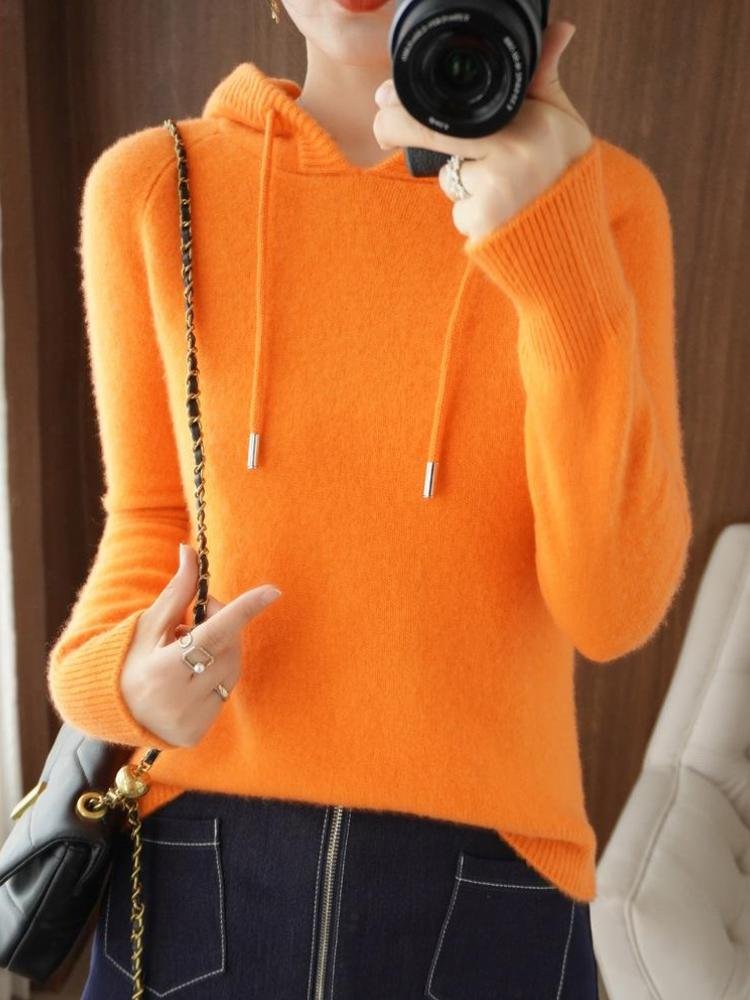  Women's Hooded Loose Fitting Long Sleeved Casual Sweater