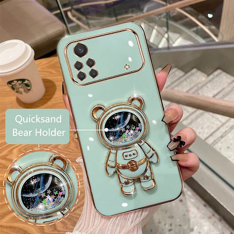 Cartoon Bear Fold Stand For Xiaomi Poco X4 Pro 5G Phone Case Luxury Plating Cover