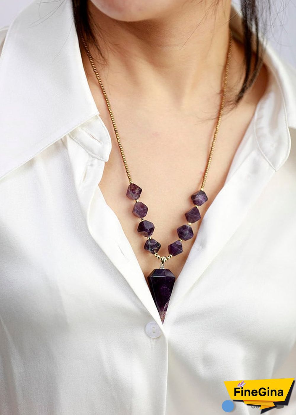 Boho Necklace, Amethysts Hexagonal Cone Pendant Necklace