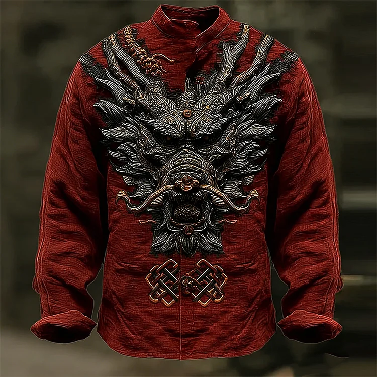 Men's Retro Viking Celtic Dragon Pattern Casual Linen Shirt