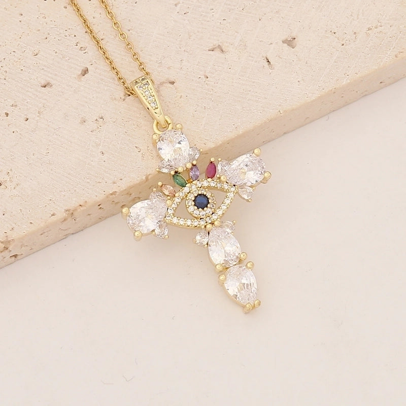 Commute Cross Copper Inlay 18K Gold Plated Zircon Pendant Necklace