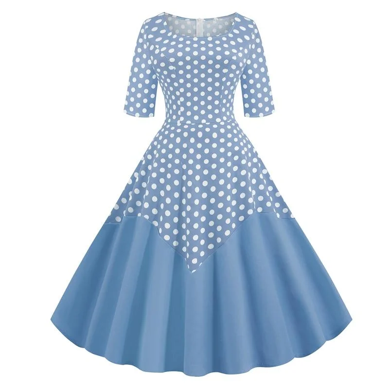 Vintage Dress Half Sleeve A Line Polka Dot Pinup Women O-Neck Casual Swing Dresses