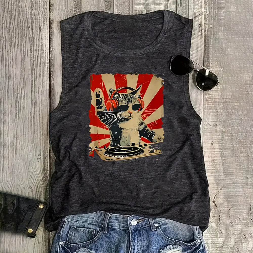 Teepublicz Women's Fashion Q of Hearts Pattern Printed Sleeveless Vest Simple White Sleeveless Tops Summer Breathable Women's Clothing
