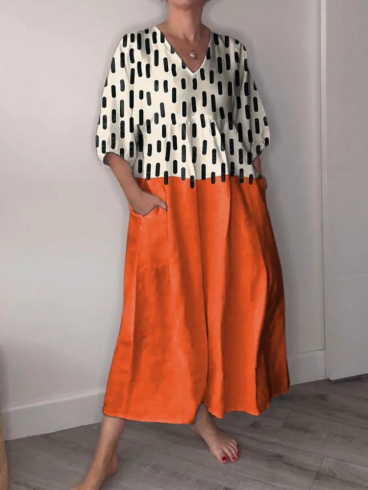 Geometric Color Block And Dot Art Printed Women's Pocket V-Neck Cotton Dress