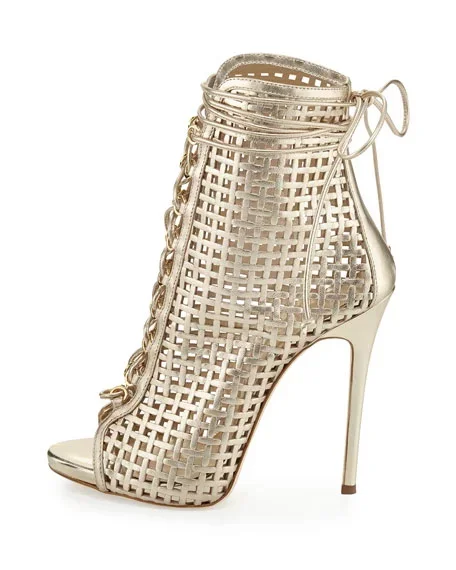 Chanpagne Lace up Heels Peep Toe Cage Sandals Stiletto Heels |FSJ Shoes