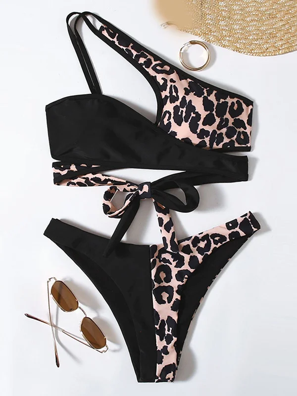 One-Shoulder Cropped Leopard Split-Joint Bralette Hipster Bikini Swimwear