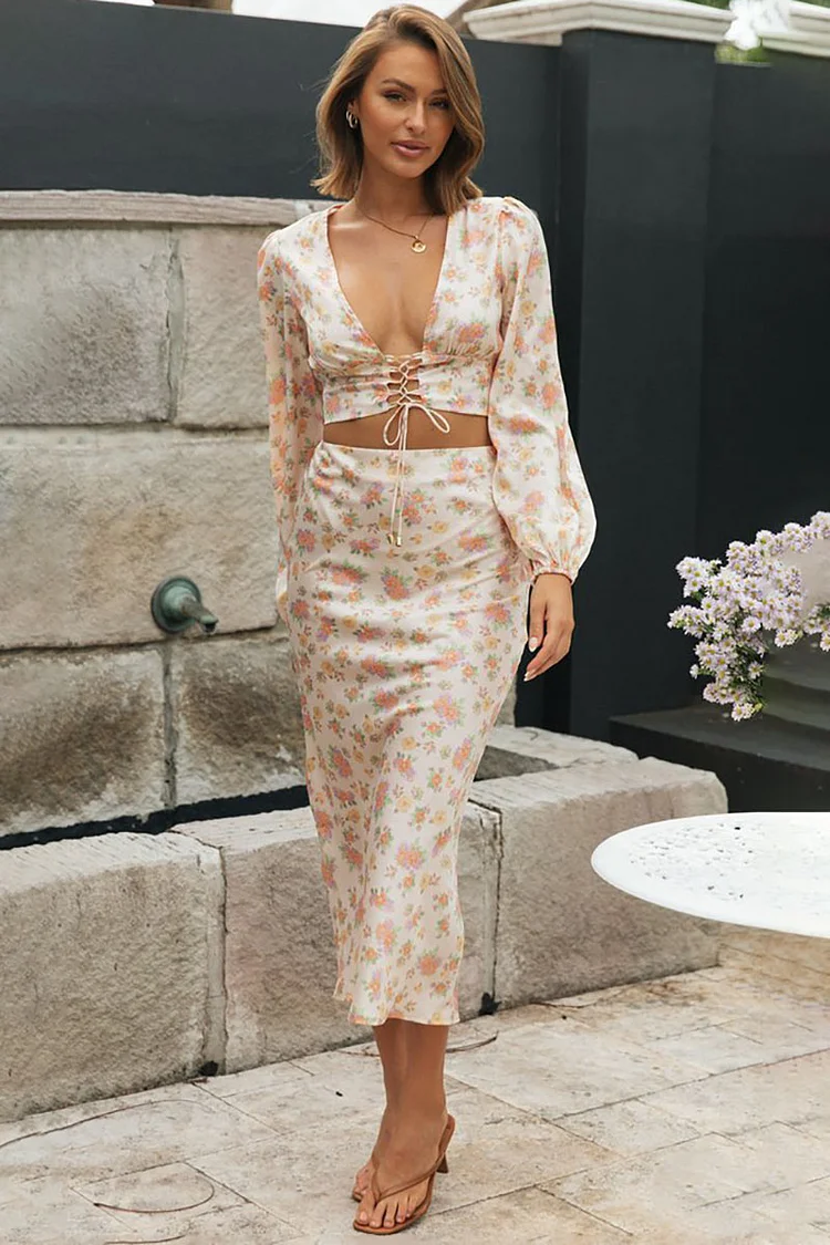 Floral Print Lace Up V Neck Top Elegant Midi Skirt Set