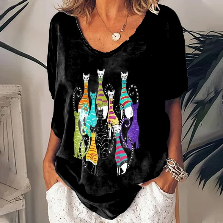 Casual Colorful Cat Print Short Sleeve T-Shirt